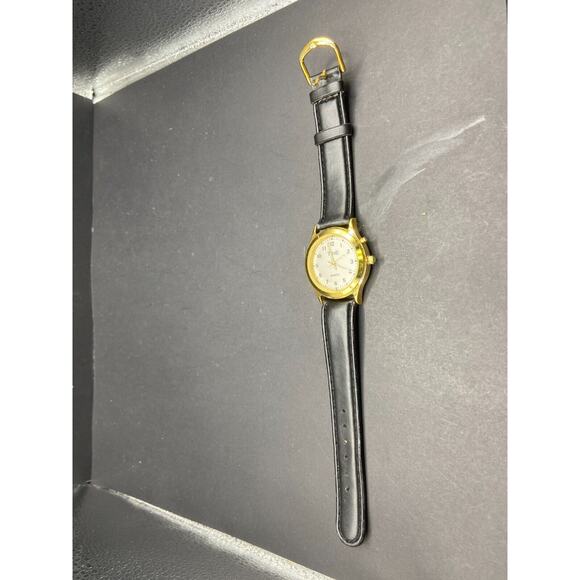 TIME Men's Quartz Wristwatch Gold Tone Stainless Steel Case Black Leather Band - Picture 9 of 9